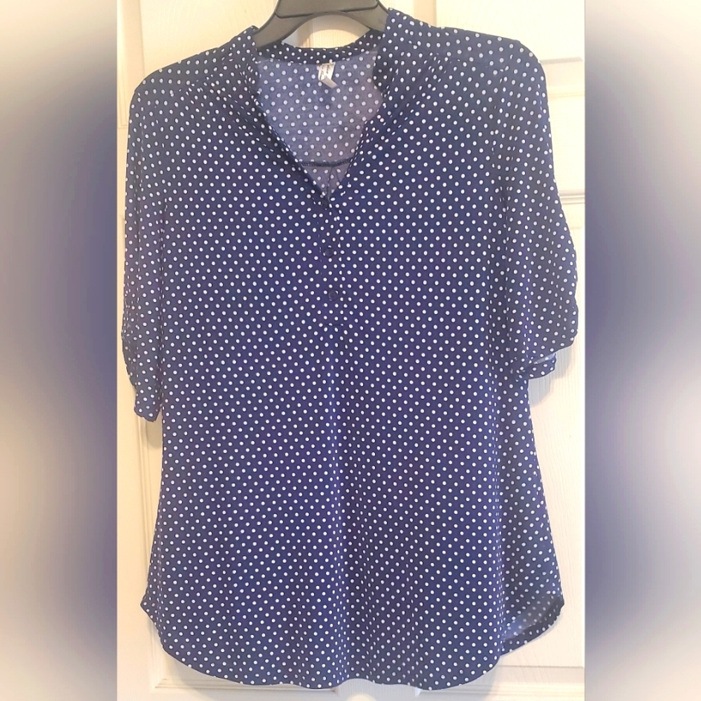 PerSeption Concept Navy Blue Polka dot Collar Blouse. Size XL